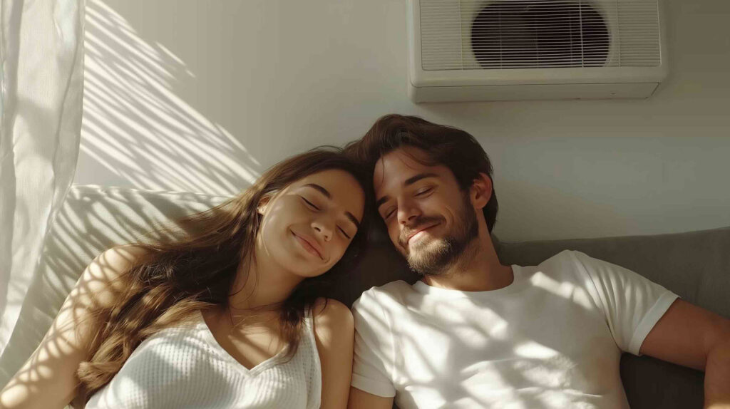 Young man and woman leaning back on a sofa beneath a wall-mounted air conditioner, eyes closed and contentedly smiling.